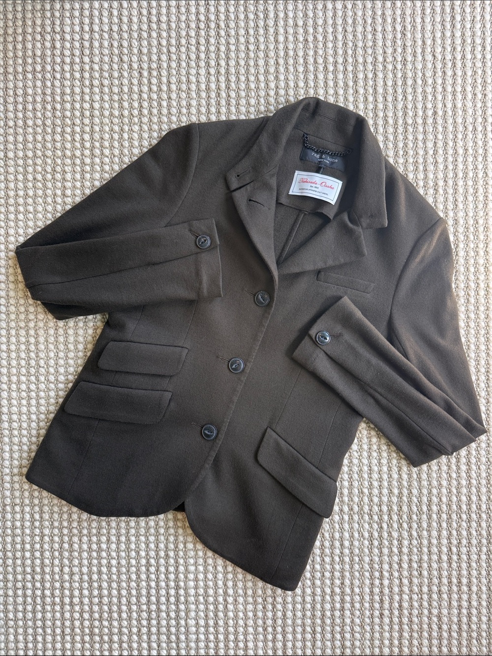 rag & bone Japanese Wool Dark Olive Tailored Blazer with Flap Pockets